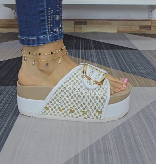 Rhinestone Embellished Platform Slide Sandals