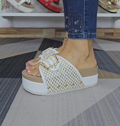 Rhinestone Embellished Platform Slide Sandals