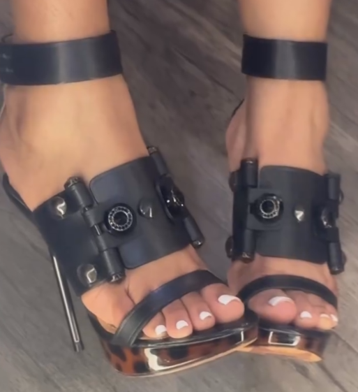 Black Leather Studded Platform Stiletto Heel Sandals