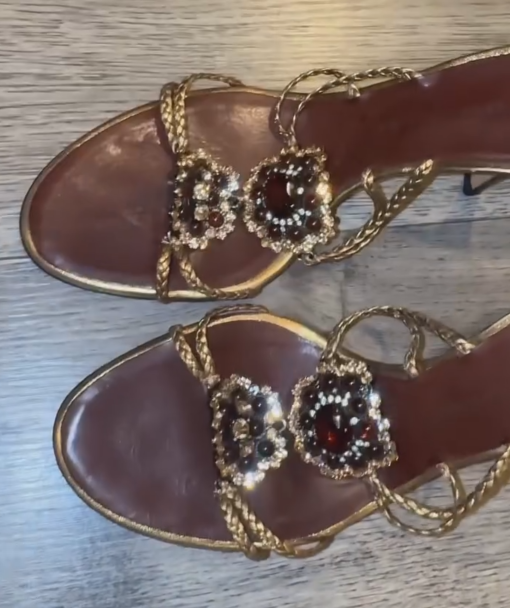 Vintage Rhinestone Embellished Gold Braided Strap Stiletto Sandals
