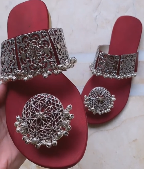 Ladies Ethnic Metal Embellished Toe Ring Slide Sandals