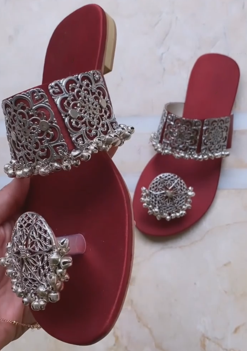 Ladies Ethnic Metal Embellished Toe Ring Slide Sandals