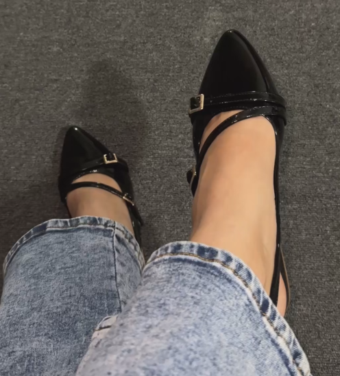 Ladies Patent Leather Double Buckle Slingback Heels