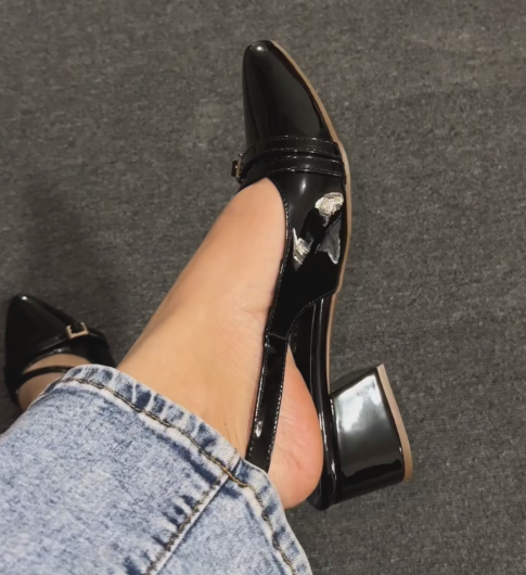 Ladies Patent Leather Double Buckle Slingback Heels