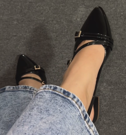 Ladies Patent Leather Double Buckle Slingback Heels