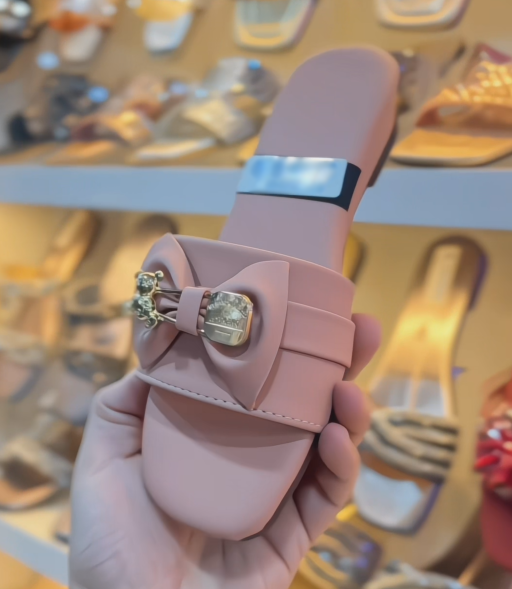 Ladies Teddy Bear Bow Accent Slide Sandals