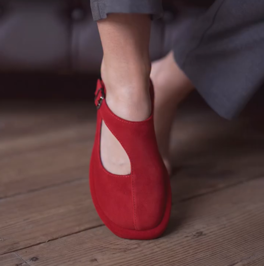 Ladies Red Suede Mary Jane Flats with Cutout Detail