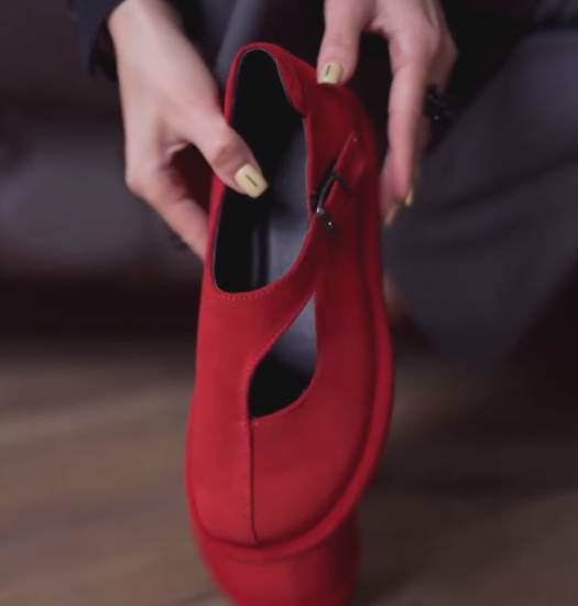 Ladies Red Suede Mary Jane Flats with Cutout Detail