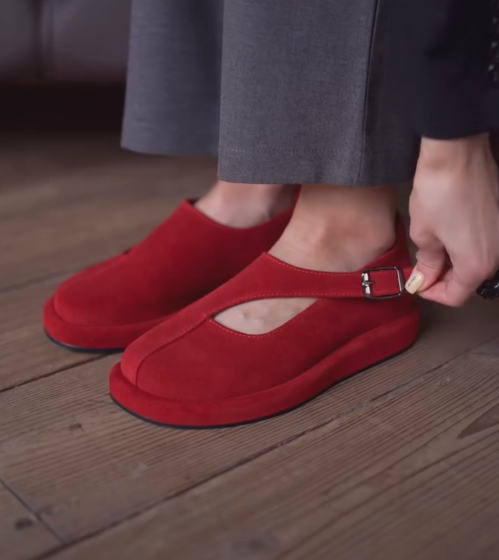 Ladies Red Suede Mary Jane Flats with Cutout Detail