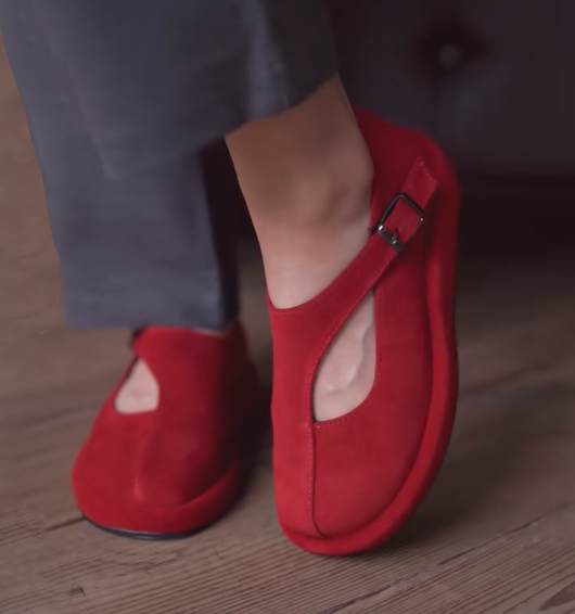 Ladies Red Suede Mary Jane Flats with Cutout Detail