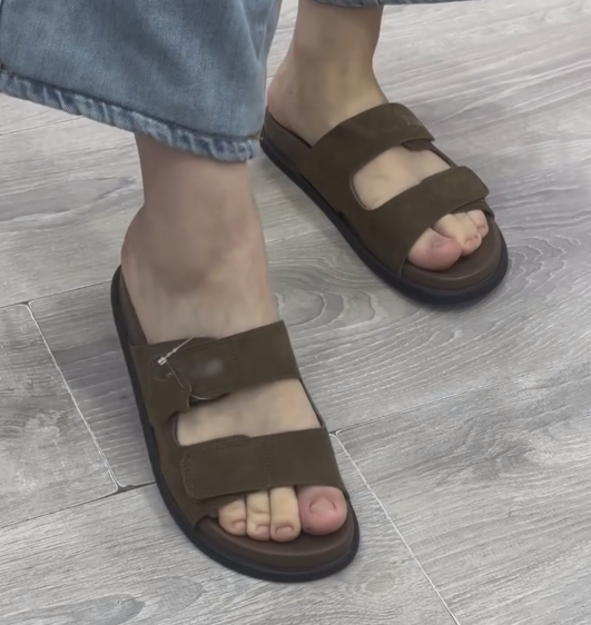 Ladies Adjustable Dual Strap Suede Slide Sandals