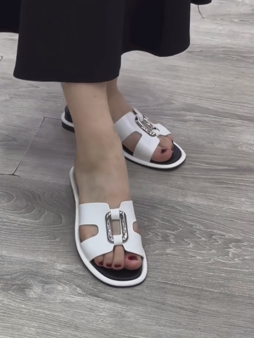 Ladies Metal Buckle H-Strap Slide Sandals