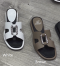 Ladies Metal Buckle H-Strap Slide Sandals