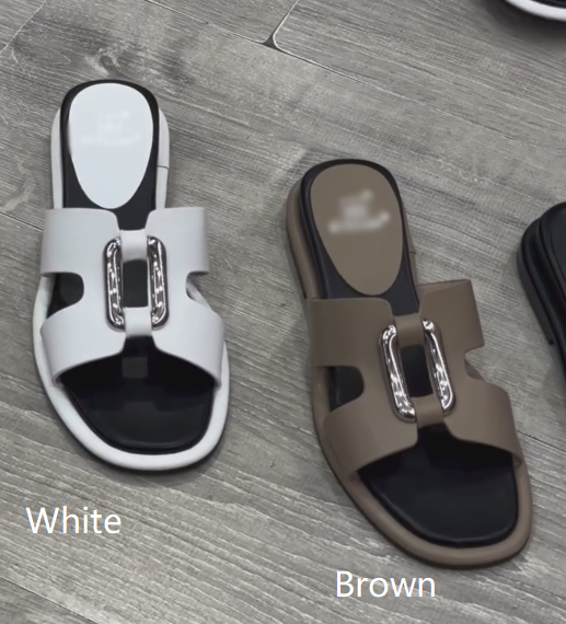 Ladies Metal Buckle H-Strap Slide Sandals
