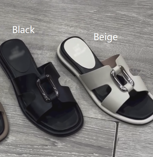 Ladies Metal Buckle H-Strap Slide Sandals