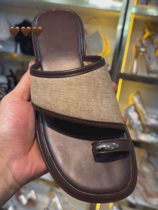 Ladies' Linen & Leather Toe-Loop Slide Sandals