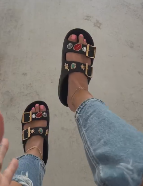 Ladies' Embellished Double Buckle Slide Sandals