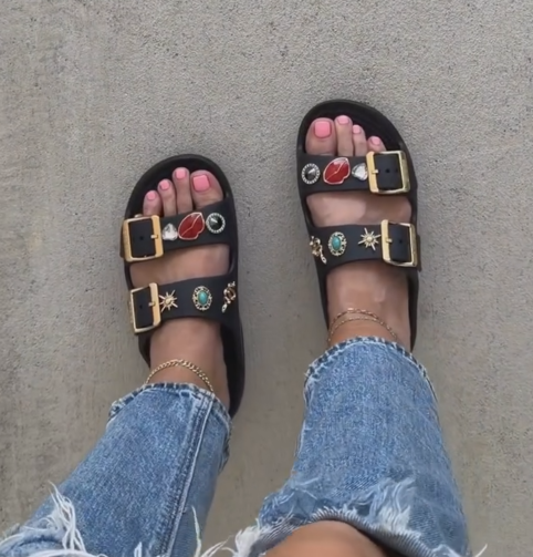 Ladies' Embellished Double Buckle Slide Sandals