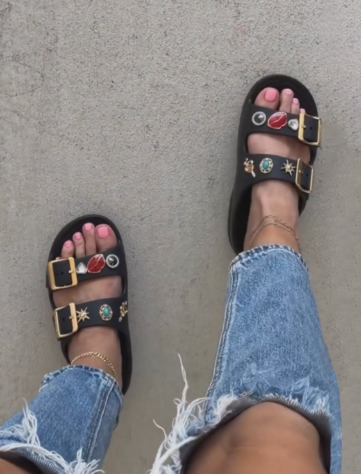 Ladies' Embellished Double Buckle Slide Sandals