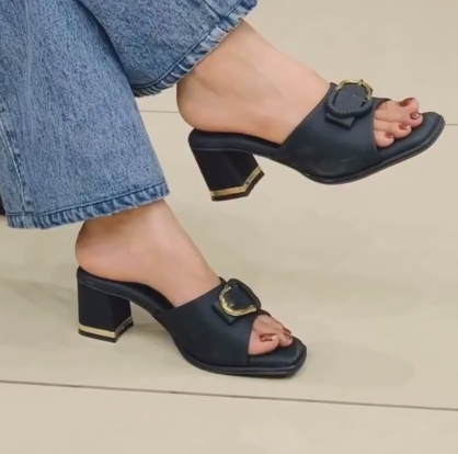 Ladies' Buckle Detail Block Heel Slide Sandals