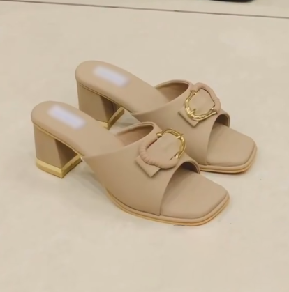 Ladies' Buckle Detail Block Heel Slide Sandals