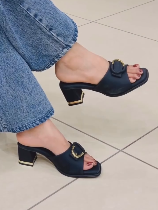 Ladies' Buckle Detail Block Heel Slide Sandals