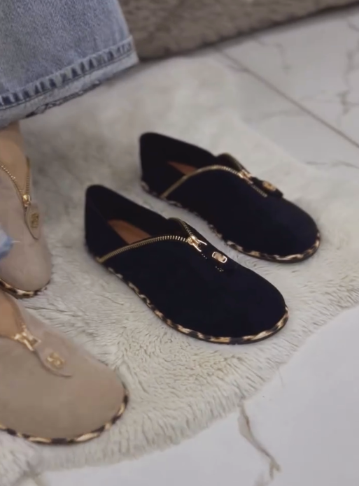 Ladies' Suede Zip-Front Mule Slippers with Leopard Trim
