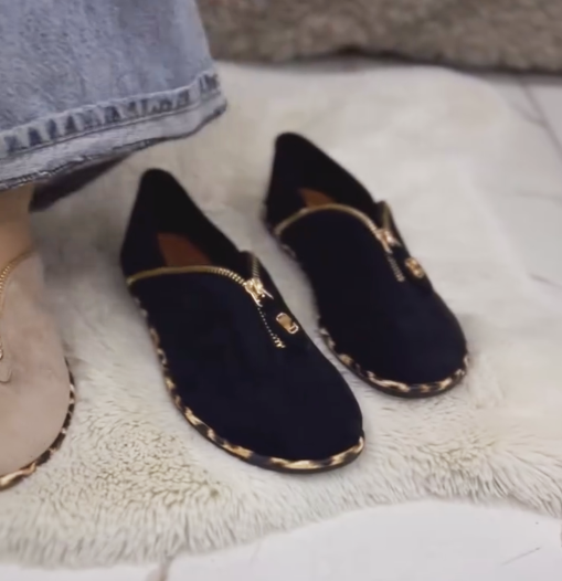Ladies' Suede Zip-Front Mule Slippers with Leopard Trim