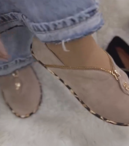 Ladies' Suede Zip-Front Mule Slippers with Leopard Trim