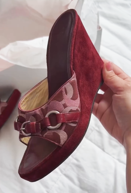 Ladies' Vintage Monogram Suede Wedge Mule Sandals