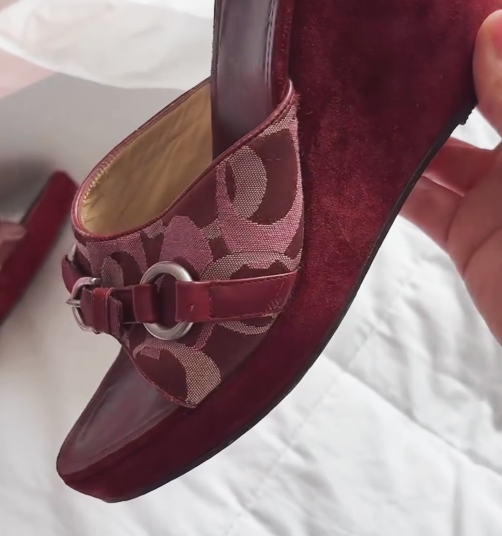 Ladies' Vintage Monogram Suede Wedge Mule Sandals