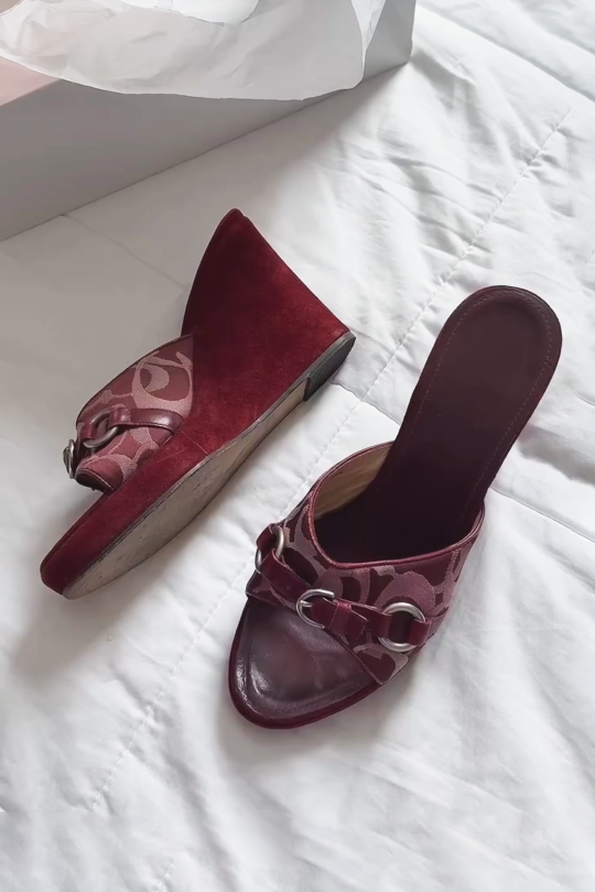Ladies' Vintage Monogram Suede Wedge Mule Sandals