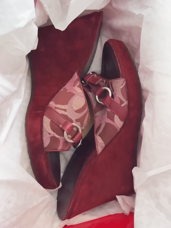 Ladies' Vintage Monogram Suede Wedge Mule Sandals