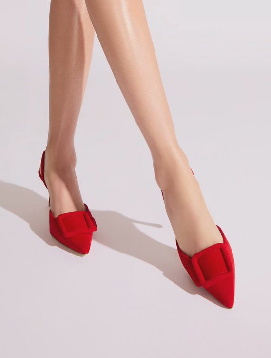 Ladies' Red Suede Buckle-Front Slingback Kitten Heels