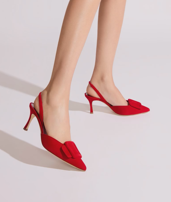 Ladies' Red Suede Buckle-Front Slingback Kitten Heels