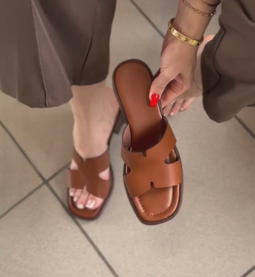 Ladies' H-Style Cutout Leather Block Heel Slide Sandals