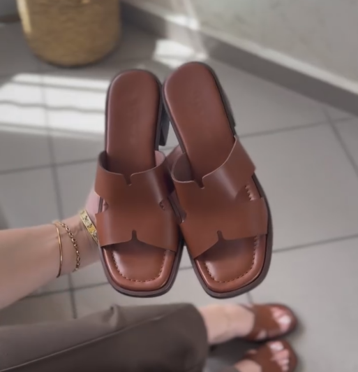 Ladies' H-Style Cutout Leather Block Heel Slide Sandals