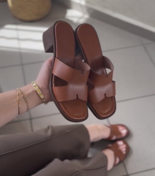 Ladies' H-Style Cutout Leather Block Heel Slide Sandals