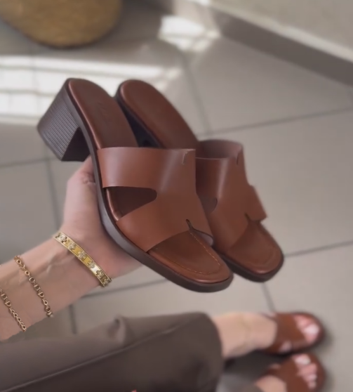 Ladies' H-Style Cutout Leather Block Heel Slide Sandals