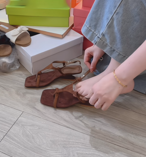 Ladies' Brown Suede T-Strap Sculptural Heel Sandals