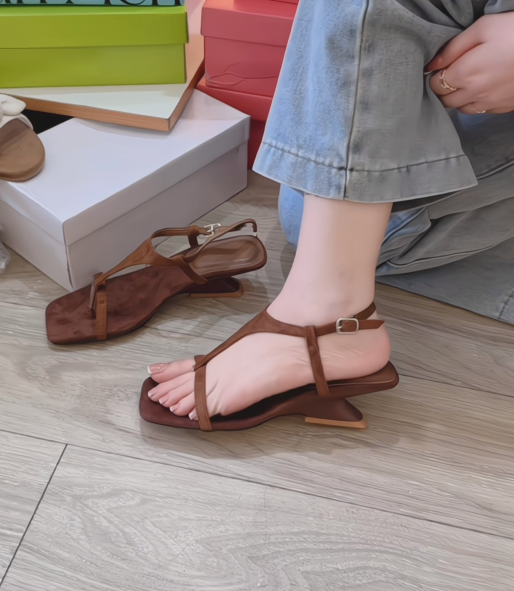 Ladies' Brown Suede T-Strap Sculptural Heel Sandals