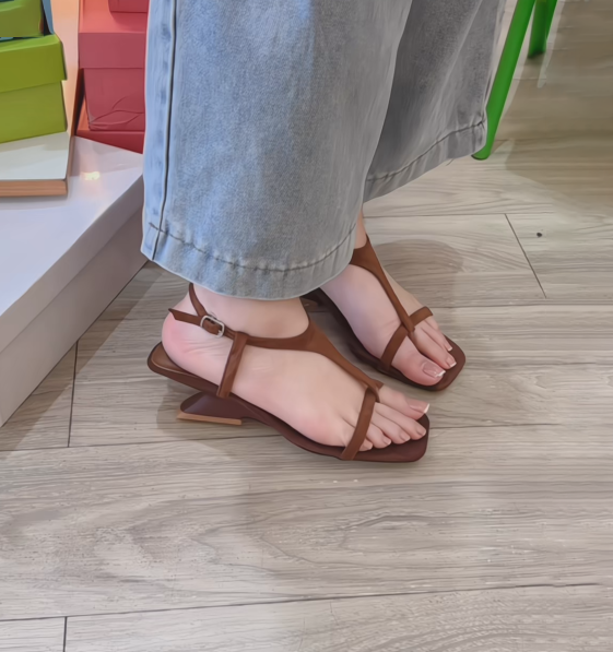 Ladies' Brown Suede T-Strap Sculptural Heel Sandals
