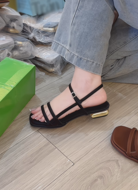 Ladies' Minimalist Strappy Flat Sandals with Metallic Heel