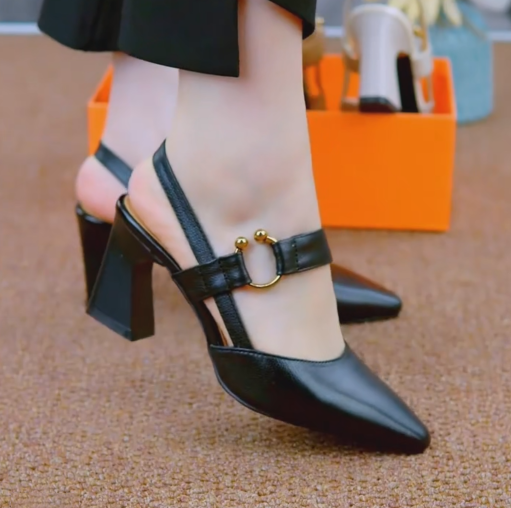 Ladies' Leather Horsebit Slingback Block Heel Pumps