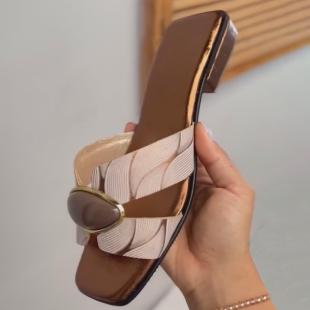 Ladies' Textured Strap Stone-Embellished Slide Sandals