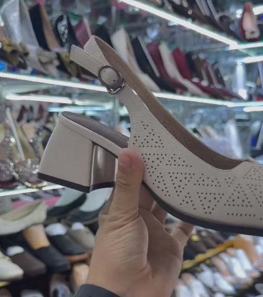 Ladies' Perforated Leather Peep-Toe Slingback Block Heel Sandals