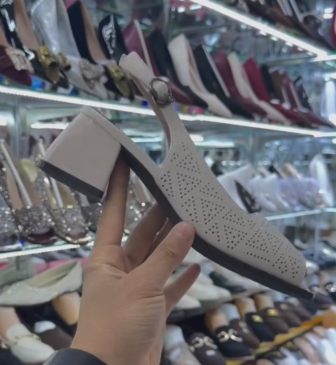 Ladies' Perforated Leather Peep-Toe Slingback Block Heel Sandals