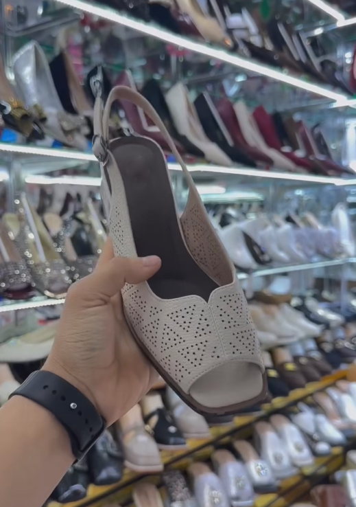 Ladies' Perforated Leather Peep-Toe Slingback Block Heel Sandals