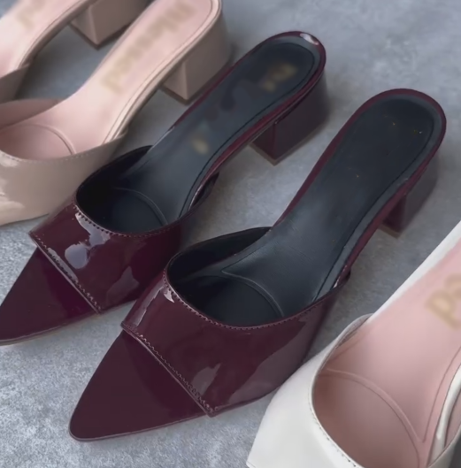 Women's Patent Leather Pointed-Toe Block Heel Mule Sandals