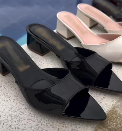 Women's Patent Leather Pointed-Toe Block Heel Mule Sandals